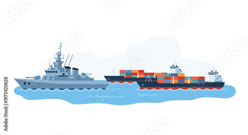 A military warship escorting a commercial container cargo ship on the ocean. EPS Editable. Vector Illustrations.