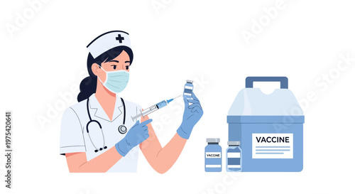 A nurse wearing a mask and gloves preparing a vaccine injection from a vial. EPS Editable. Vector Illustrations.