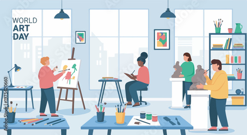 Diverse group of people engaged in various art activities in a bright, well-lit studio space celebrating World Art Day.