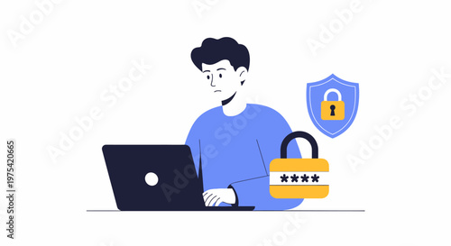 A young man focused on working on a laptop with cybersecurity icons and password protection symbols. EPS Editable. Vector Illustrations.