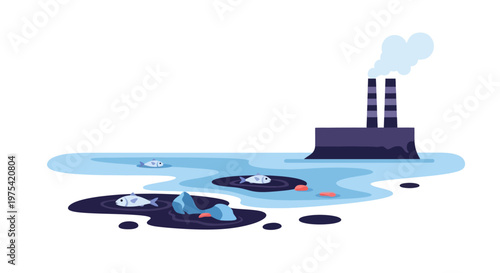 Industrial factory polluting water with oil and dead fish. EPS Editable. Vector Illustrations.