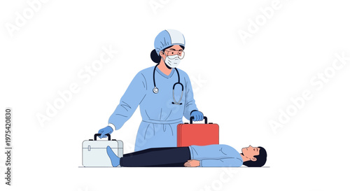 Medical professional providing emergency care to an unconscious patient. EPS Editable. Vector Illustrations.
