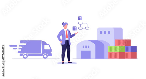 Logistics manager overseeing warehouse operations and delivery services. EPS Editable. Vector Illustrations.