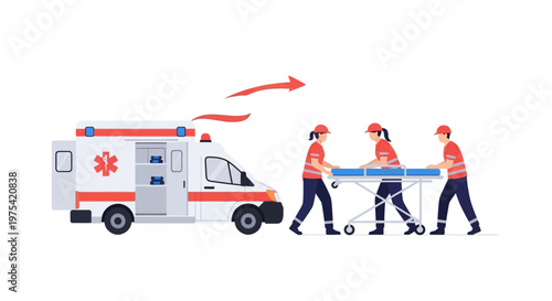 Medical team of paramedics transporting a patient on a stretcher to an ambulance. EPS Editable. Vector Illustrations.