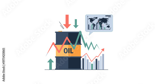Oil barrel with global economic market charts and trading graphs. EPS Editable. Vector Illustrations.