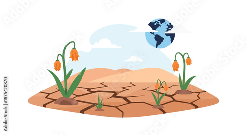 Orange flowers blooming in a cracked dry soil with a globe icon. EPS Editable. Vector Illustrations.