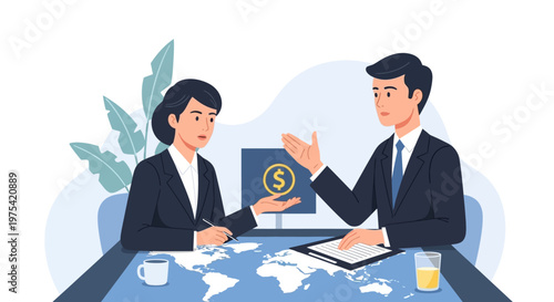 Professional Business Partners Discussing Global Finance and Strategy. EPS Editable. Vector Illustrations.
