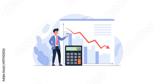 A businessman standing next to a calculator and a declining financial graph. EPS Editable. Vector Illustrations.