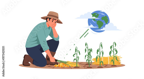 A concerned farmer looking at dying crops with global climate change imagery. EPS Editable. Vector Illustrations.
