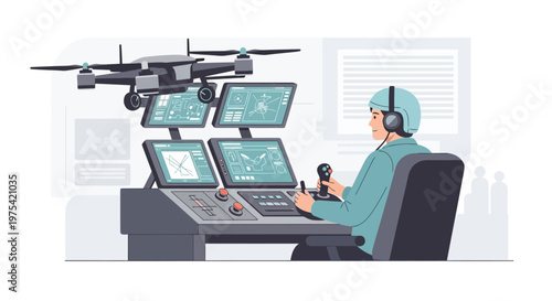 A drone operator pilot using a control station with monitors and joystick. EPS Editable. Vector Illustrations.