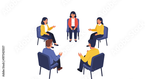 A diverse group of people sitting in a circle for a professional meeting or therapy session. EPS Editable. Vector Illustrations.