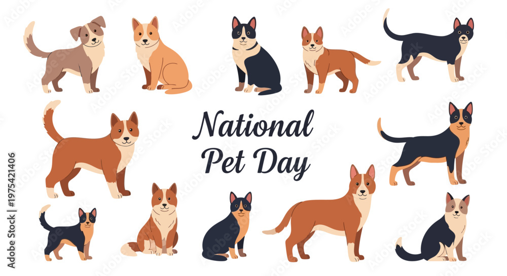 Fototapeta premium A vector illustration celebrates National Pet Day with an array of diverse dog breeds displayed in a horizontal composition, expressing pet companionship and love for domestic animals