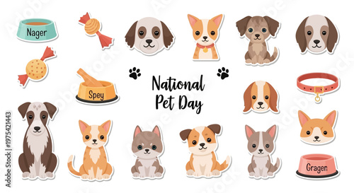 Celebrating national pet day, a colorful vector illustration features an array of adorable dog and cat faces, pet food bowls, and treats against a bright white backdrop, promoting pet lover