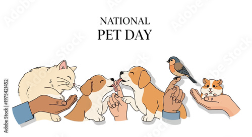 Illustrated vector art celebrating National Pet Day, featuring diverse hands holding a cat, dogs, a bird, and a guinea pig, highlighting pet care awareness and the joy of pet companionship