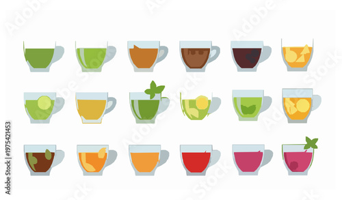 Tea Variety Glass Cup Set Cartoon Flat Beverage Vector