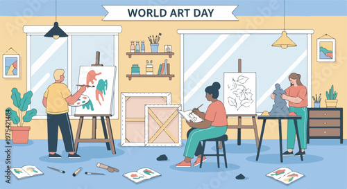 A vibrant illustration of an art studio with three artists celebrating World Art Day, engaged in painting, drawing, and sculpting activities.