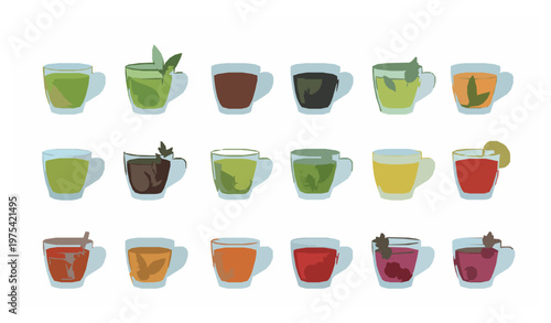 Tea Variety Glass Cup Set Cartoon Flat Beverage Vector
