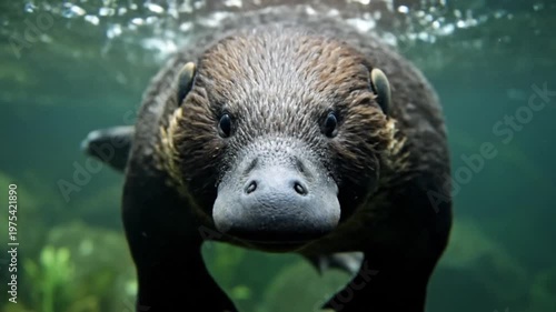 Platypus Swimming Underwater in Clear Water.