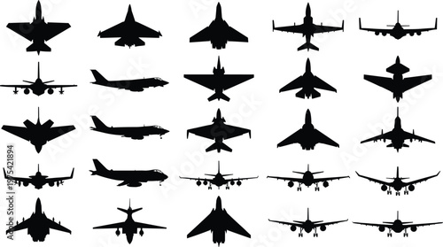 Airplane silhouettes vector set, military and passenger aircraft collection, aviation transport icons, flying jet illustration design elements