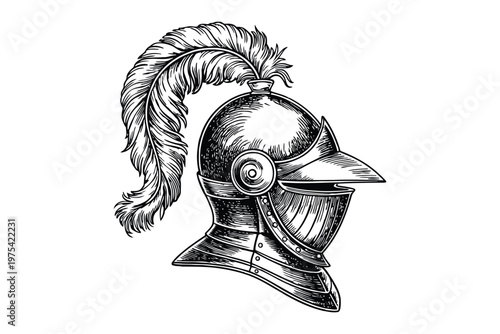 Black and white of medieval knight helmet with feather plume armor