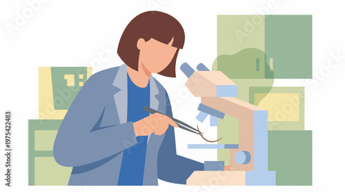 A dedicated female scientist performing research using a microscope in a laboratory setting. EPS Editable. Vector Illustrations.