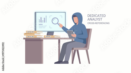 A dedicated data analyst working at a desk with a computer. EPS Editable. Vector Illustrations.