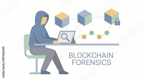 A cyber investigator performing blockchain forensics analysis on a computer. EPS Editable. Vector Illustrations.