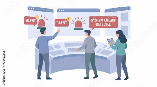 Cybersecurity team responding to a system breach alert in a high tech operations center. EPS Editable. Vector Illustrations.