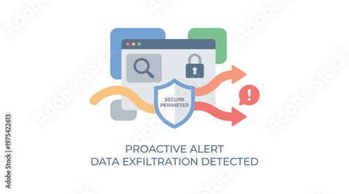 Data exfiltration alert and cybersecurity threat detection concept illustration. EPS Editable. Vector Illustrations.