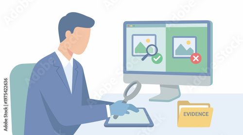 Digital forensic expert analyzing evidence on a computer screen. EPS Editable. Vector Illustrations.