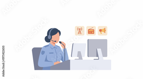 Female emergency dispatcher working at a computer station. EPS Editable. Vector Illustrations.