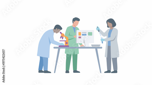 Diverse scientific research team working together in a laboratory setting. EPS Editable. Vector Illustrations.