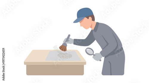 Forensic expert dusting for fingerprints at crime scene. EPS Editable. Vector Illustrations.