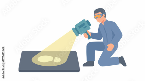 Forensic Investigator Examining Footprint Evidence with UV Light. EPS Editable. Vector Illustrations.