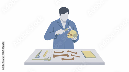 Forensic scientist examining a human skull and bones in a laboratory setting. EPS Editable. Vector Illustrations.