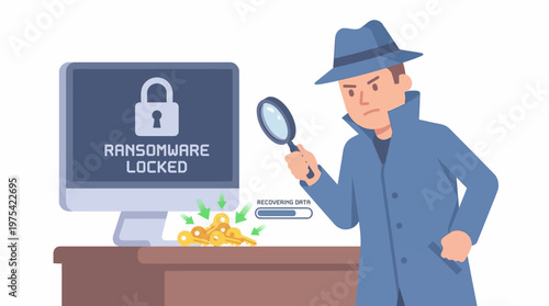 Hacker detective investigating computer ransomware attack and digital extortion. EPS Editable. Vector Illustrations.