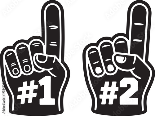 Foam finger hand for number 1 and number 2 with number one number two sports fan first place second place black and white celebration