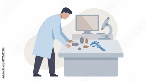 Scientist in white lab coat working at laboratory desk with microscope and measuring tools. EPS Editable. Vector Illustrations.