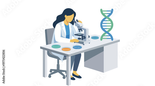 Scientist working in a laboratory with DNA model and microscope. EPS Editable. Vector Illustrations.