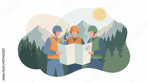 Three Search and Rescue Team Members Looking at a Map. EPS Editable. Vector Illustrations.
