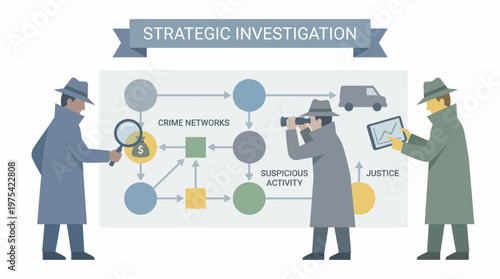 Three detectives conducting a strategic investigation into criminal networks and suspicious activity. EPS Editable. Vector Illustrations.