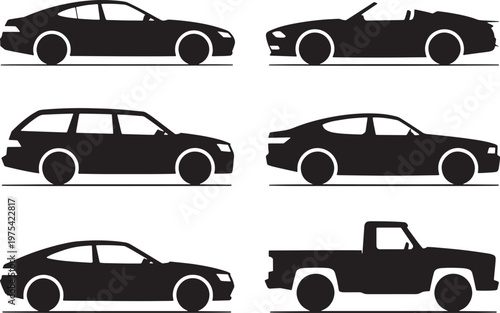 Set of six black car silhouettes including sedan convertible wagon coupe truck with station wagon black and white automobile convertible transport