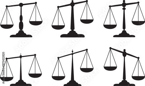 Six black balance scales silhouettes representing justice and measurement with balance scale measurement weighing equilibrium fairness judgment