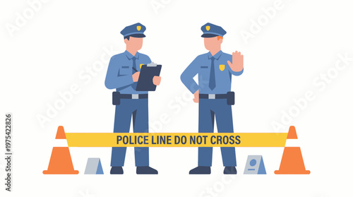 Two police officers standing behind a crime scene tape. EPS Editable. Vector Illustrations.