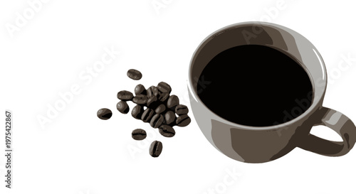 Coffee cup, coffee beans, vector illustration, brown ceramic mug, black coffee drink