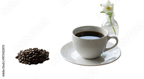 Coffee cup, coffee beans, white ceramic, floral decoration, morning drink