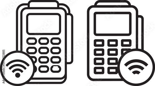 Black and white vector icons of contactless payment terminals with payment terminal pos machine nfc payment wireless payment point of sale
