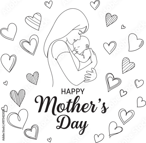 Happy mother's day greeting with mother holding baby surrounded by hearts mothers day motherhood greeting illustration sentiment affection