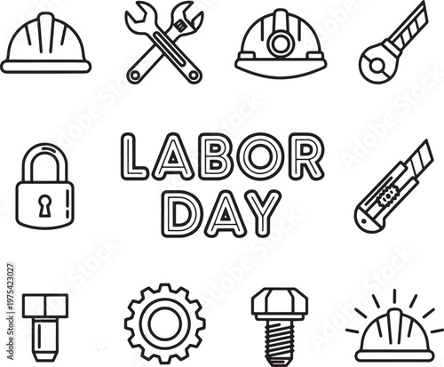 Labor day icons including hard hats tools lock gear with hard hat utility knife industry collection illustration construction celebration