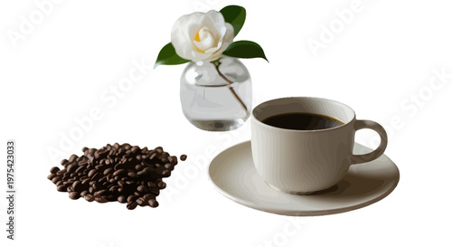 Coffee cup, coffee beans, white flower vase, morning drink, breakfast table setting